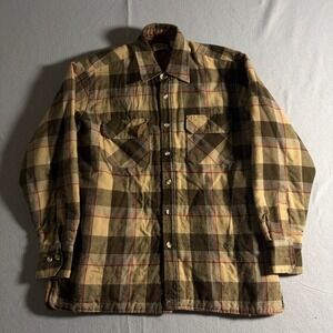 80s Vintage Sears Mens Brown Plaid Quilted Lined Flannel Shirt Jacket Medium